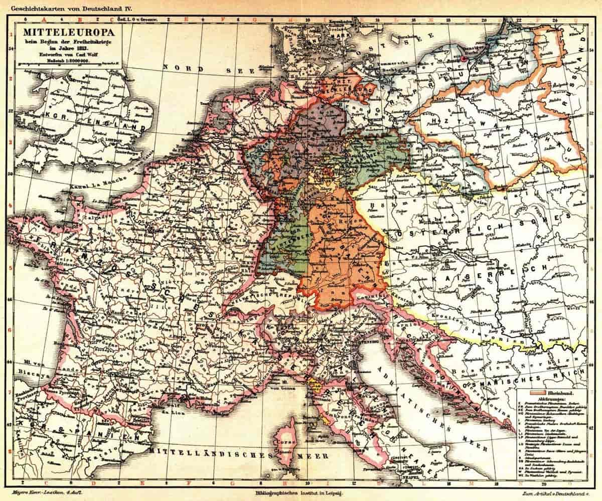 Kart over Sentral-Europa under Napoleonskrigene.