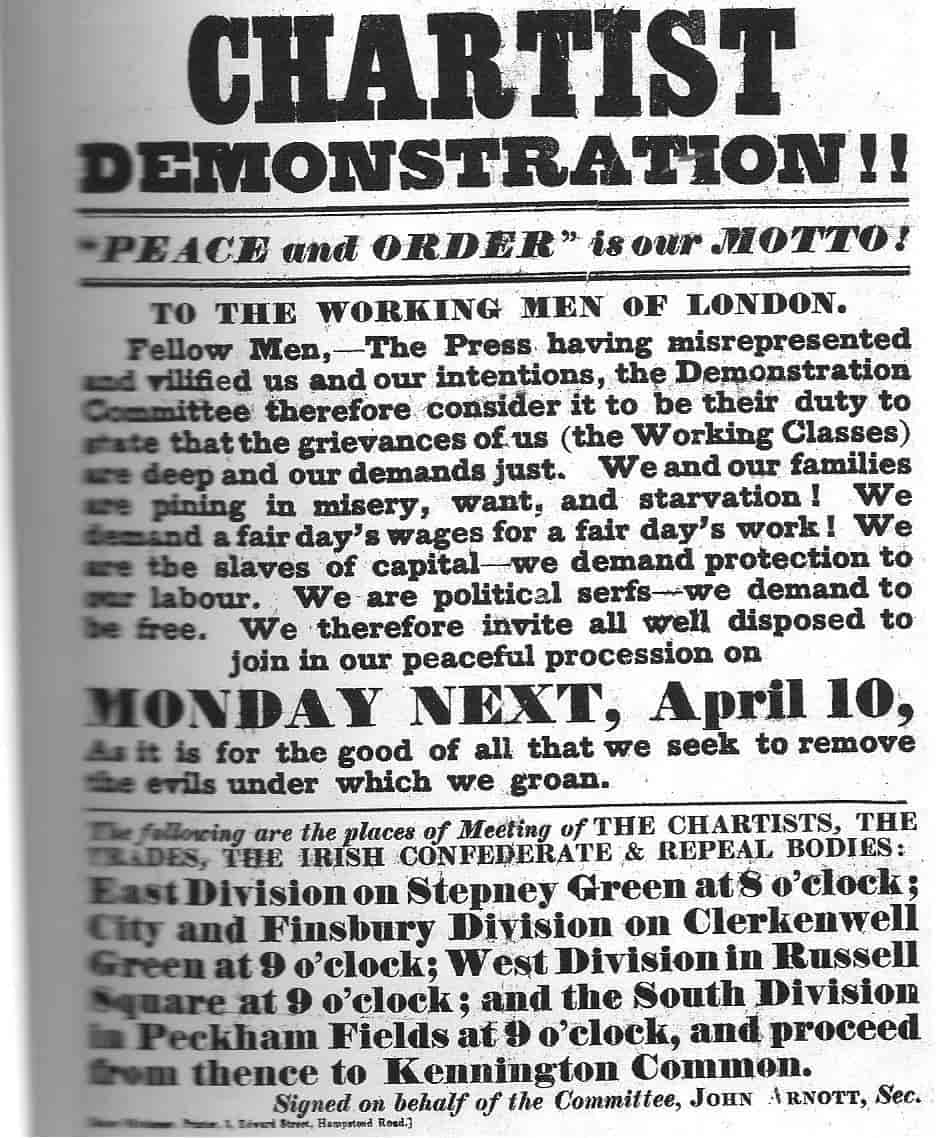 Poster advertising the "Monster" Chartist Demonstration, held on April 10 1848, proceeding to Kennington Common.