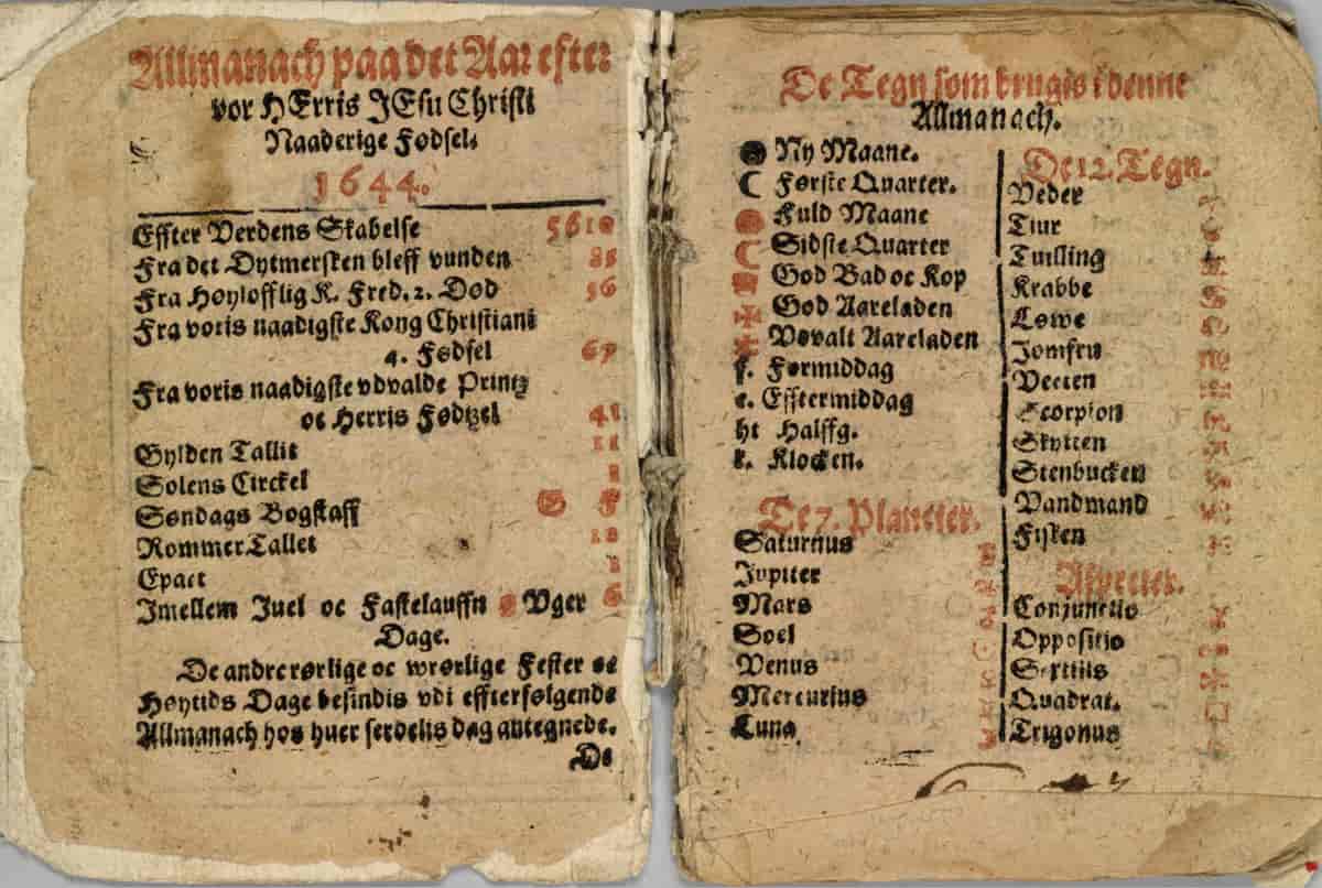 Oppslag fra Tyge Nielssøns almanakk for 1644