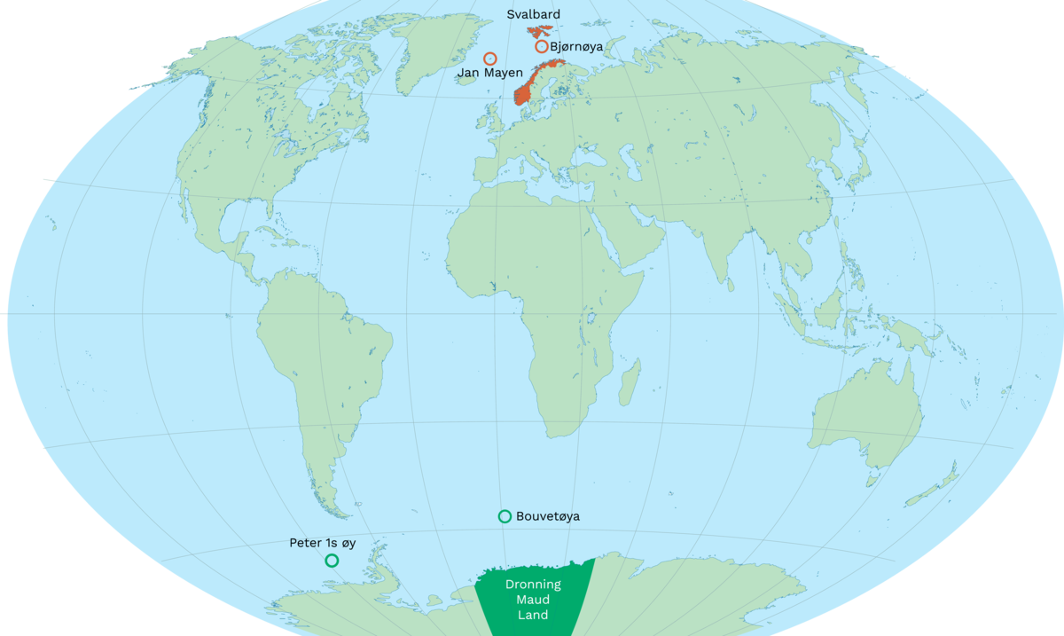 Kongeriket Norge (rødt) og biland (grønt)