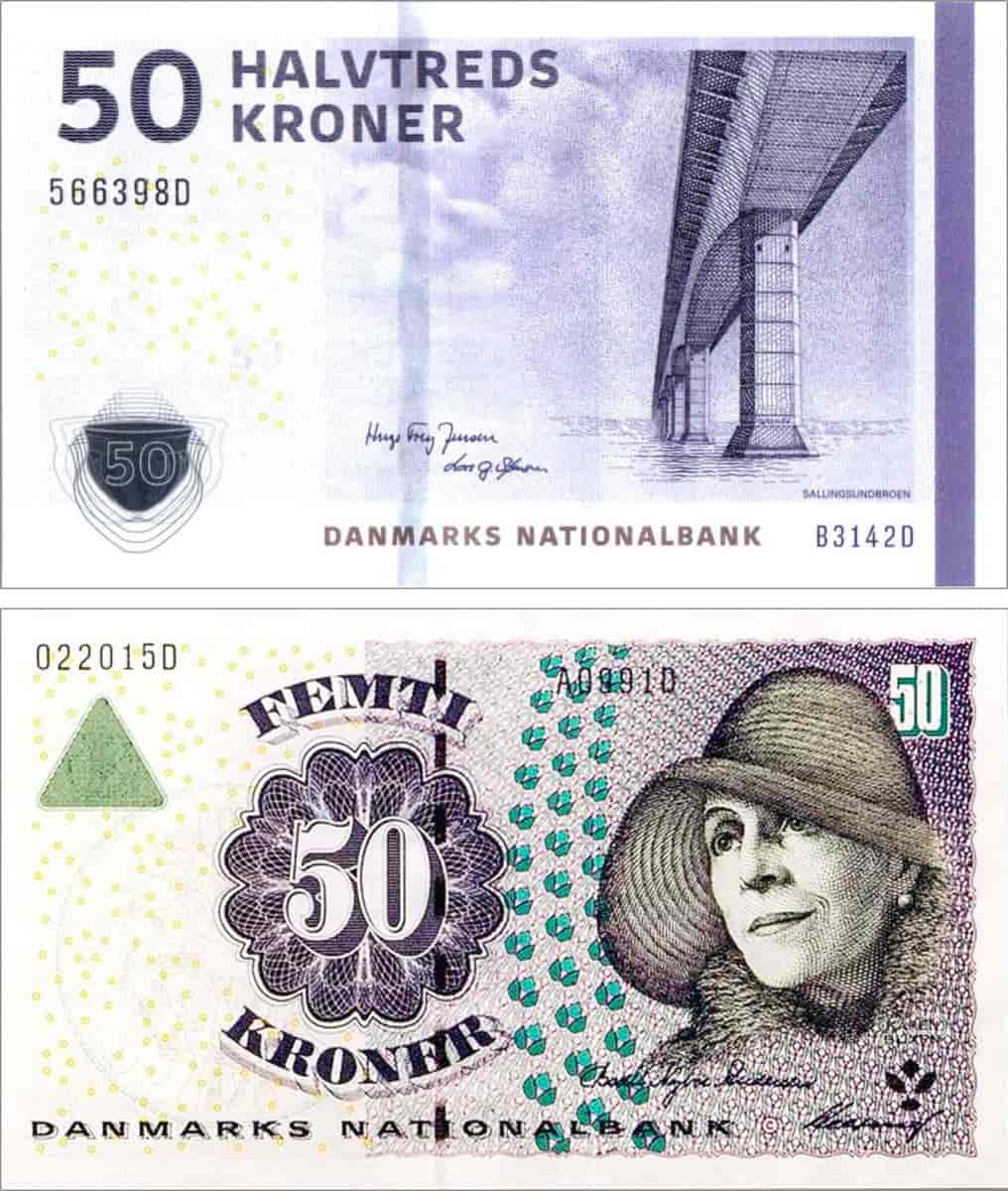 50-kr-sedler fra 2009 (øverst) og 1997 (nederst).