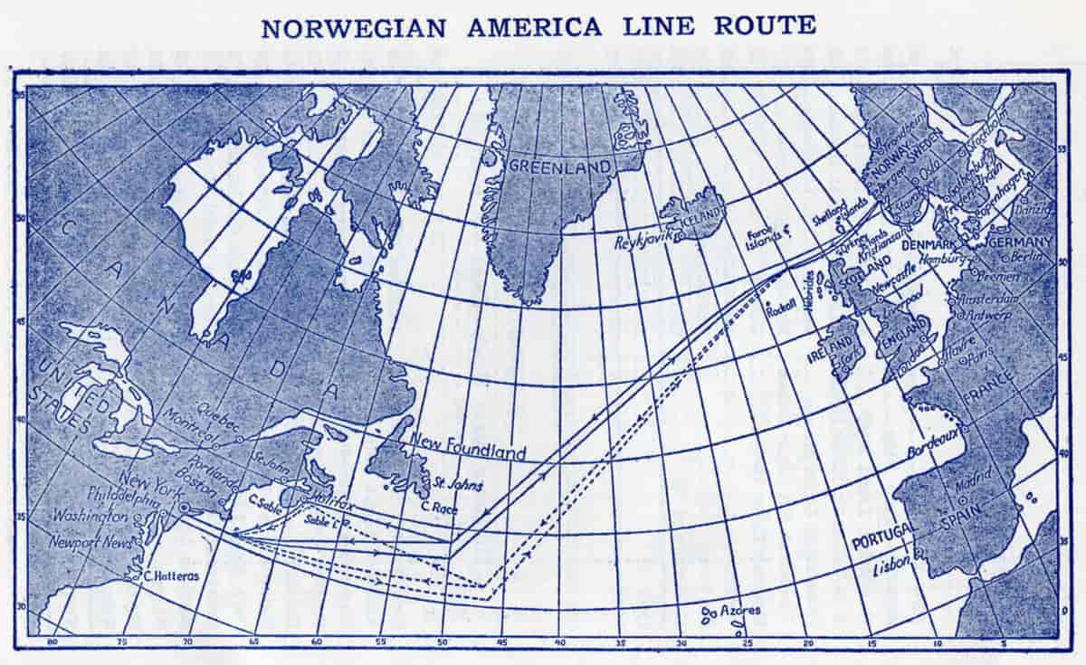 Reiserute for Den norske Amerikalinje i 1950