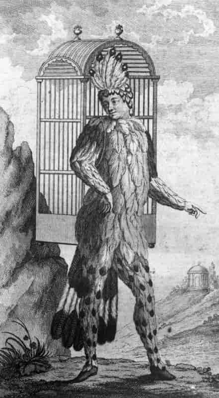 Emanuel Schikaneder som Papageno på forsiden av Albertis førstetrykk av librettoen i 1791, Wien.