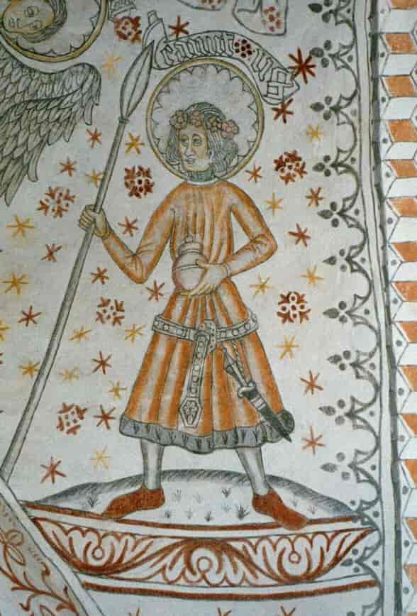 Et kalkmaleri av hertug Knud Lavard fra middelalderen i Vigersted kirke i Danmark