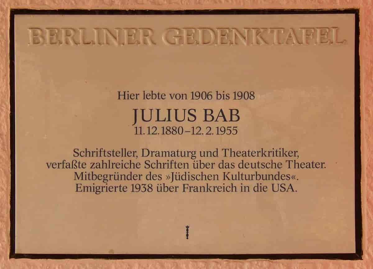 Minnetavle på huset i Bundesallee 19 i Berlin hvor Julius Bab bodde 1906-1908