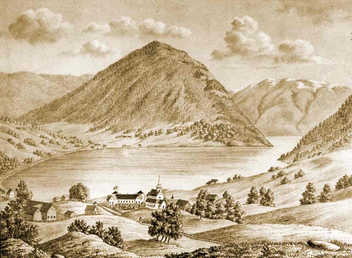 Amlabukta med Kaupanger stavkirke og Kaupanger hovedgård i 1865, blyanttegning signert M. St.