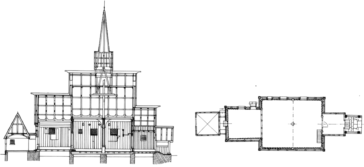 Tverrsnitt mot sør og grunnplan av kirken etter restaureringen