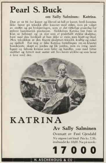 Annonse for debutromanen i tidsskriftet Samtiden, 1938