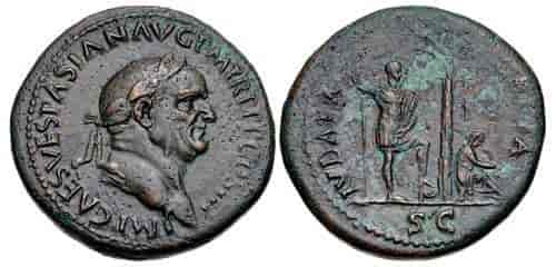 'Judea Capta'-mynt utstedt av keiser Vespasian i år 71. Palmetre med seirende romersk soldat og den sørgende 'Lady Israel'.