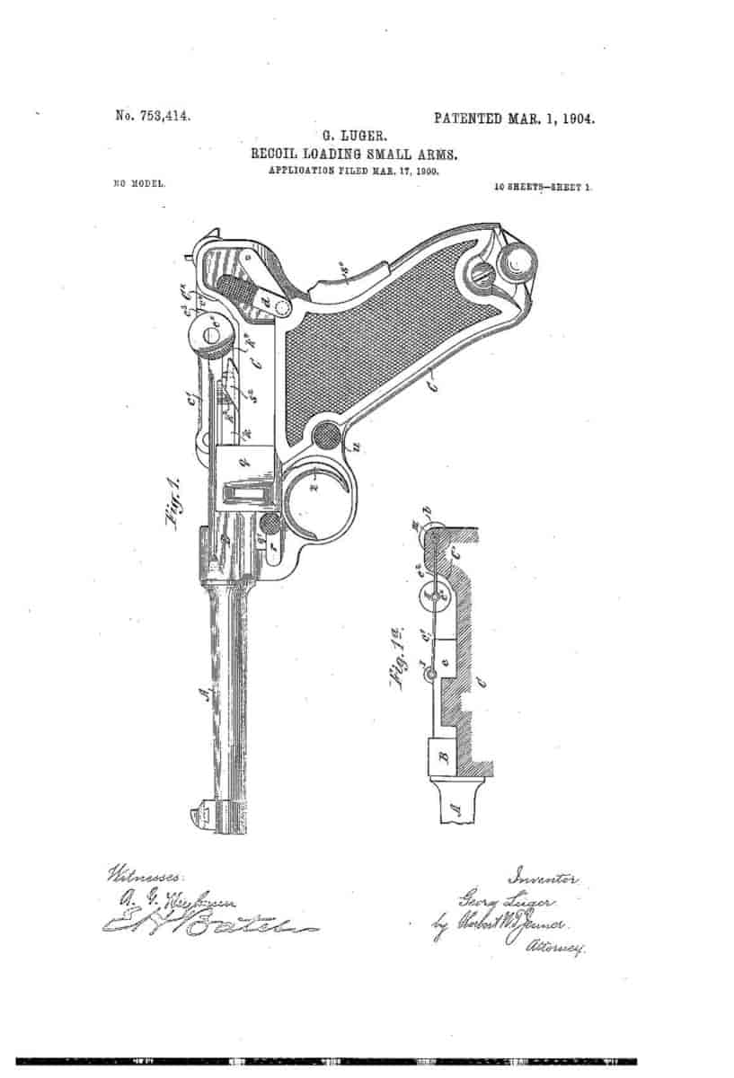 Patenttegning av Pistole Parabellum 1904