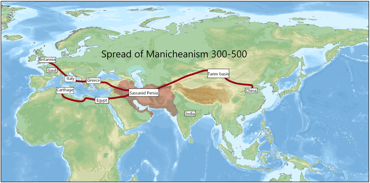Manikeismens utbredelse fra 300- til 500–tallet.