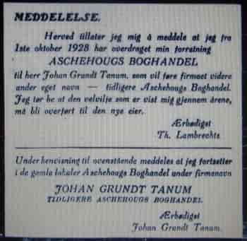Faksimile fra Aftenposten 1. desember 1928: Meddelelse om at Johan Grundt Tanum har overtatt Aschehougs Boghandel etter Lambrechts.