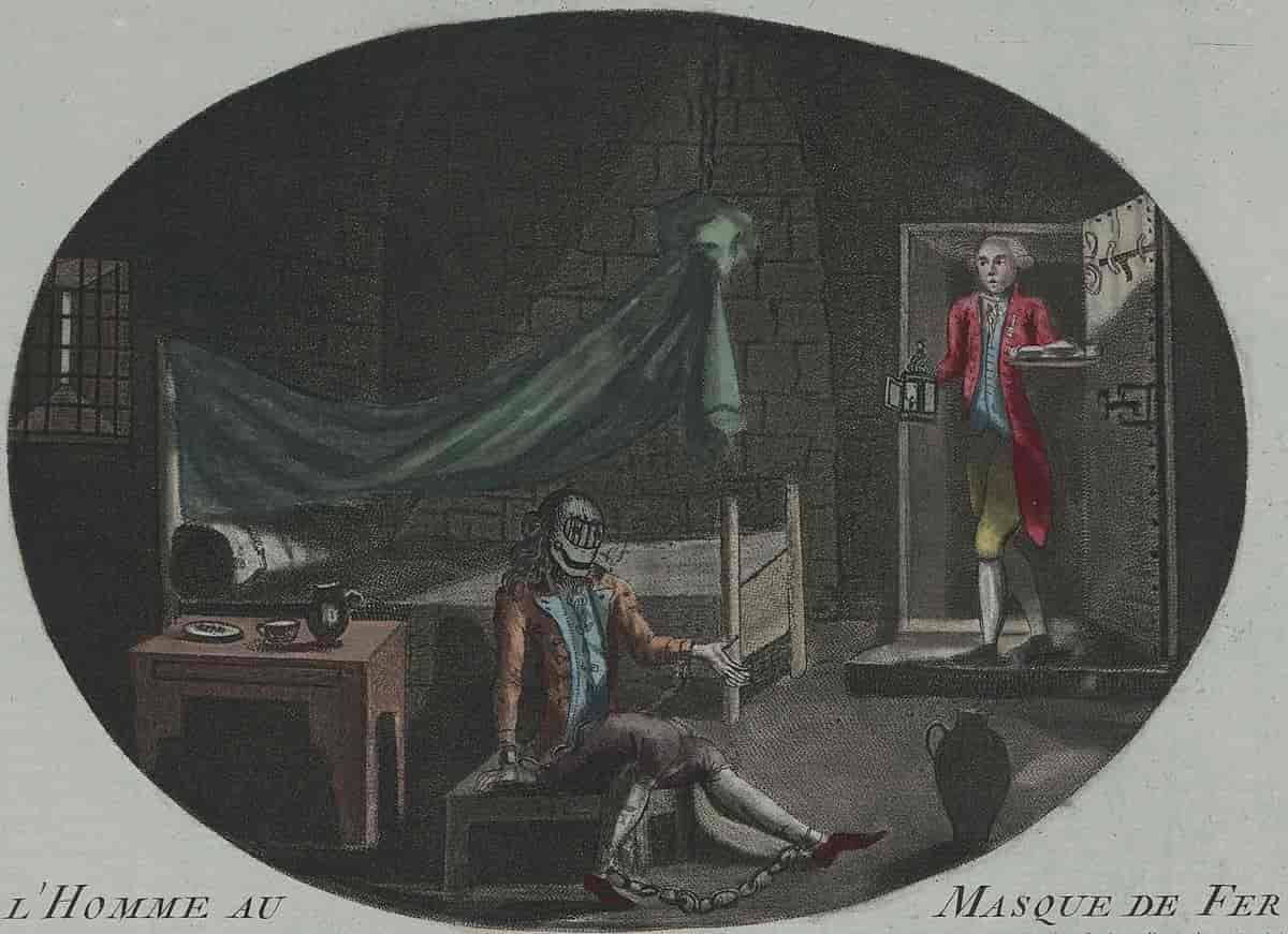 Illustrasjon av Mannen med Jernmasken av ukjent en kunstner. Etsing og mezzotint, håndfarget fra 1789