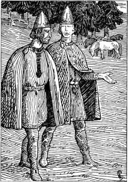 Kong Olav prøver å overtale Hårek. Halfdan Egedius: Illustration for Olav Trygvasons saga. Snorre 1899.