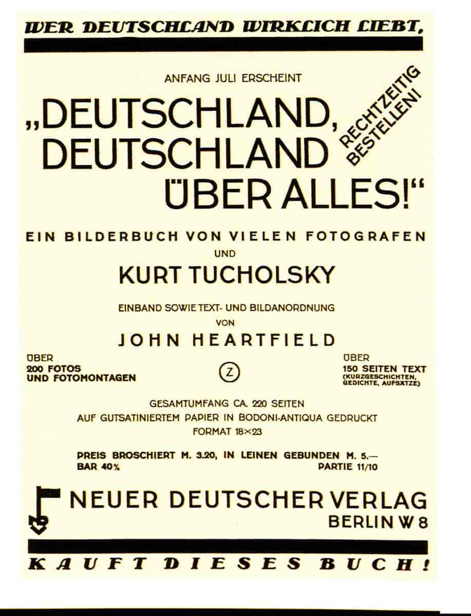 Reklame for Kurt Tucholskys og John Heartfields bok "Deutschland, Deutschland über alles" (1929)