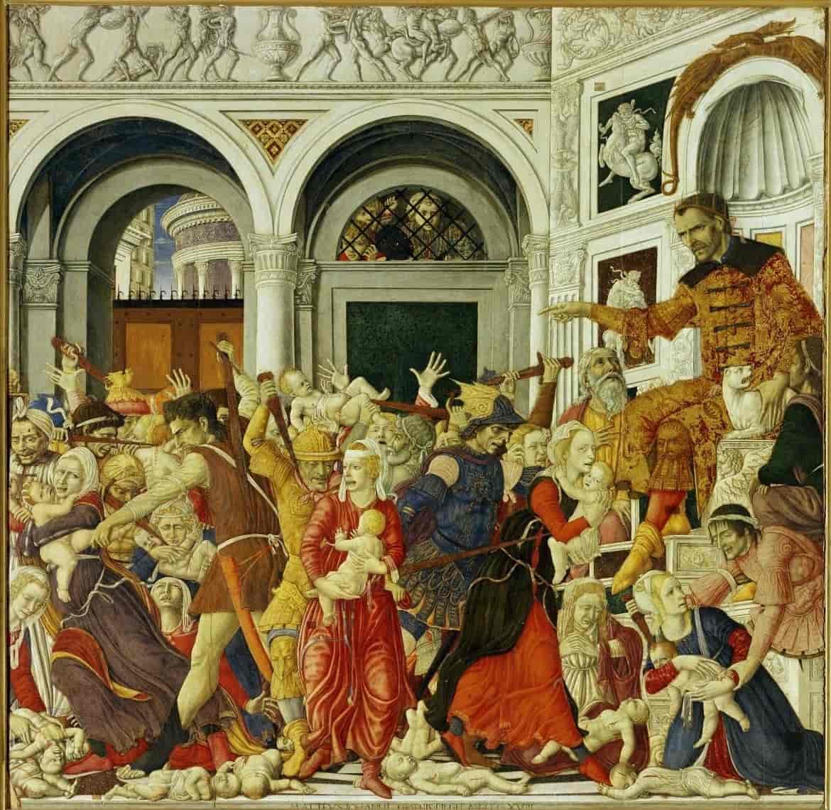 Herodes' massakre av alle guttebarn under to år i Betlehem. Maleri fra 1488 i Capodimonte museet i Napoli.