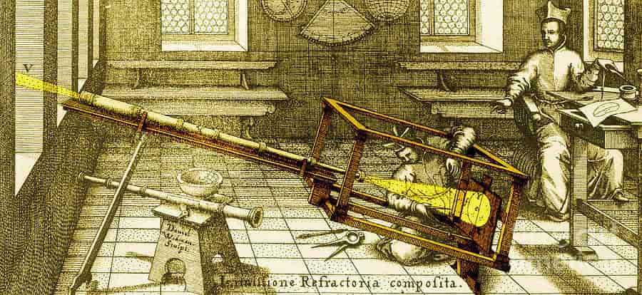 Tegning fra den tyske pater og astronom Christoph Scheiners bok «Rosa Ursina, sive Sol» (1626–30) som viser at de kunne studere Solen fra projiserte bilder av den. Scheiner levde samtidig med Galilei.