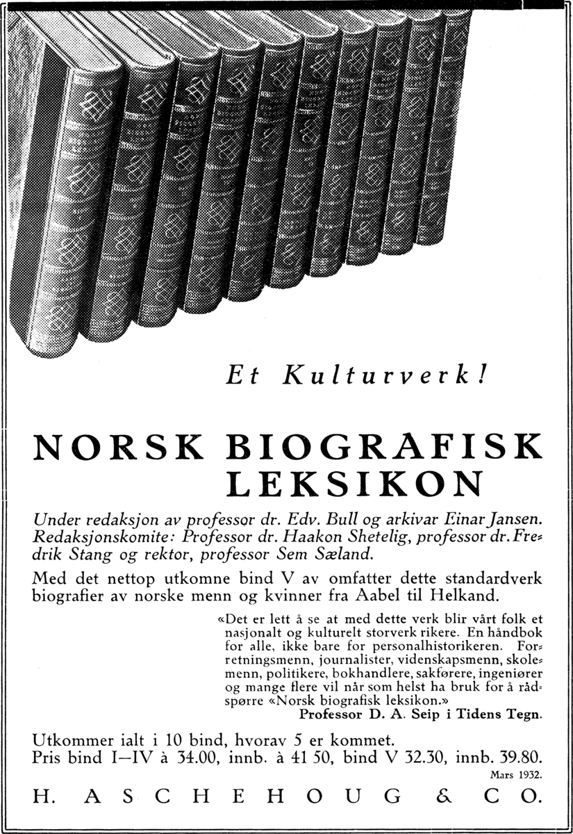 Annonse for førsteutgaven av Norsk biografisk leksikon