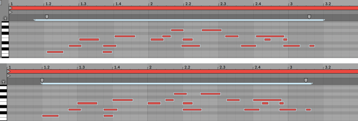 Noteforløp i Ableton Live som er ikke-kvantisert (øverst) og kvantisert til 16-deler (nederst)