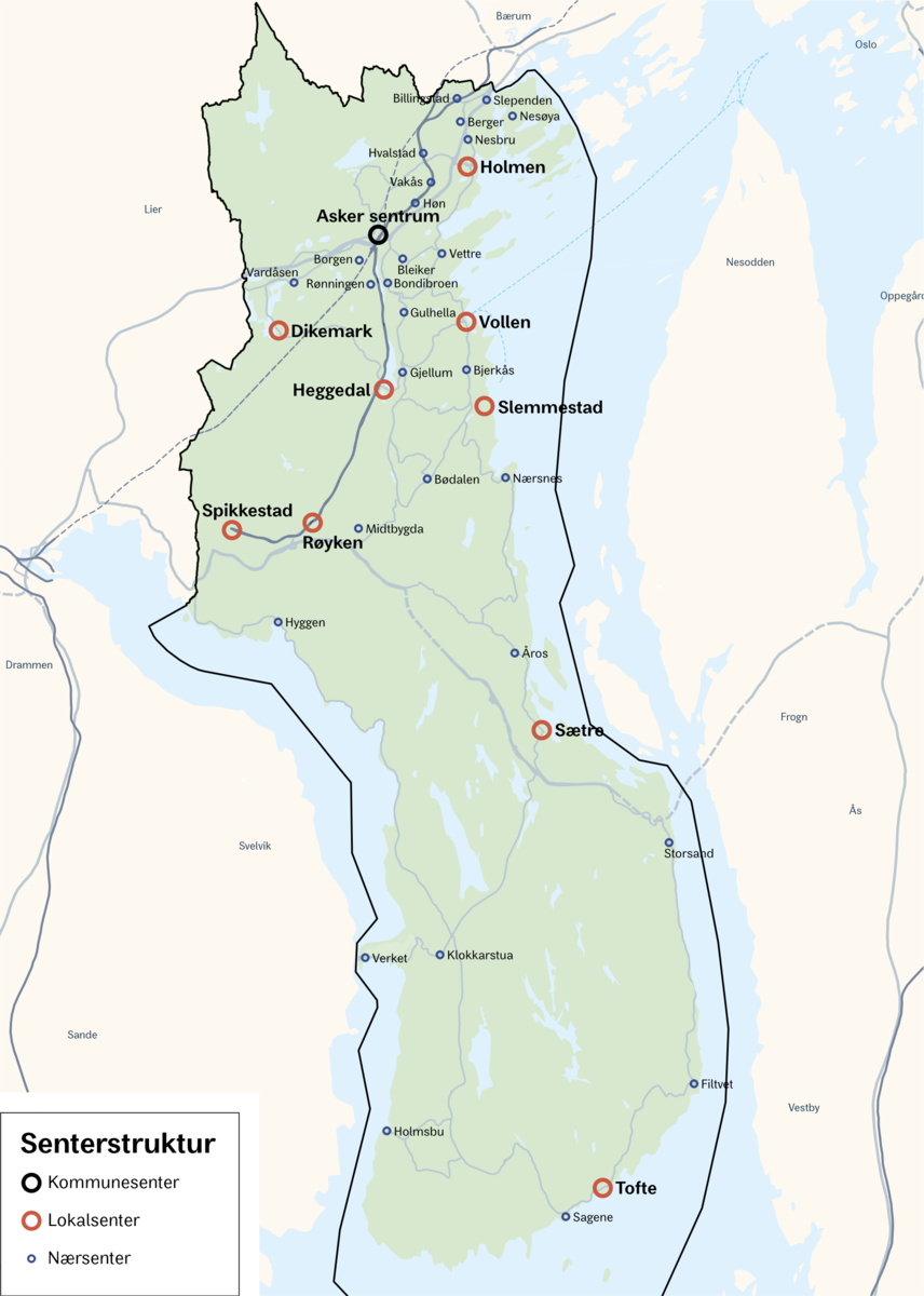 Kart over senterstruktur i Asker kommune.