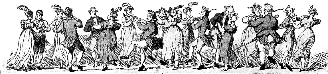 Karikatur av par som dansar engelsk kontradans på rekke, (longways)