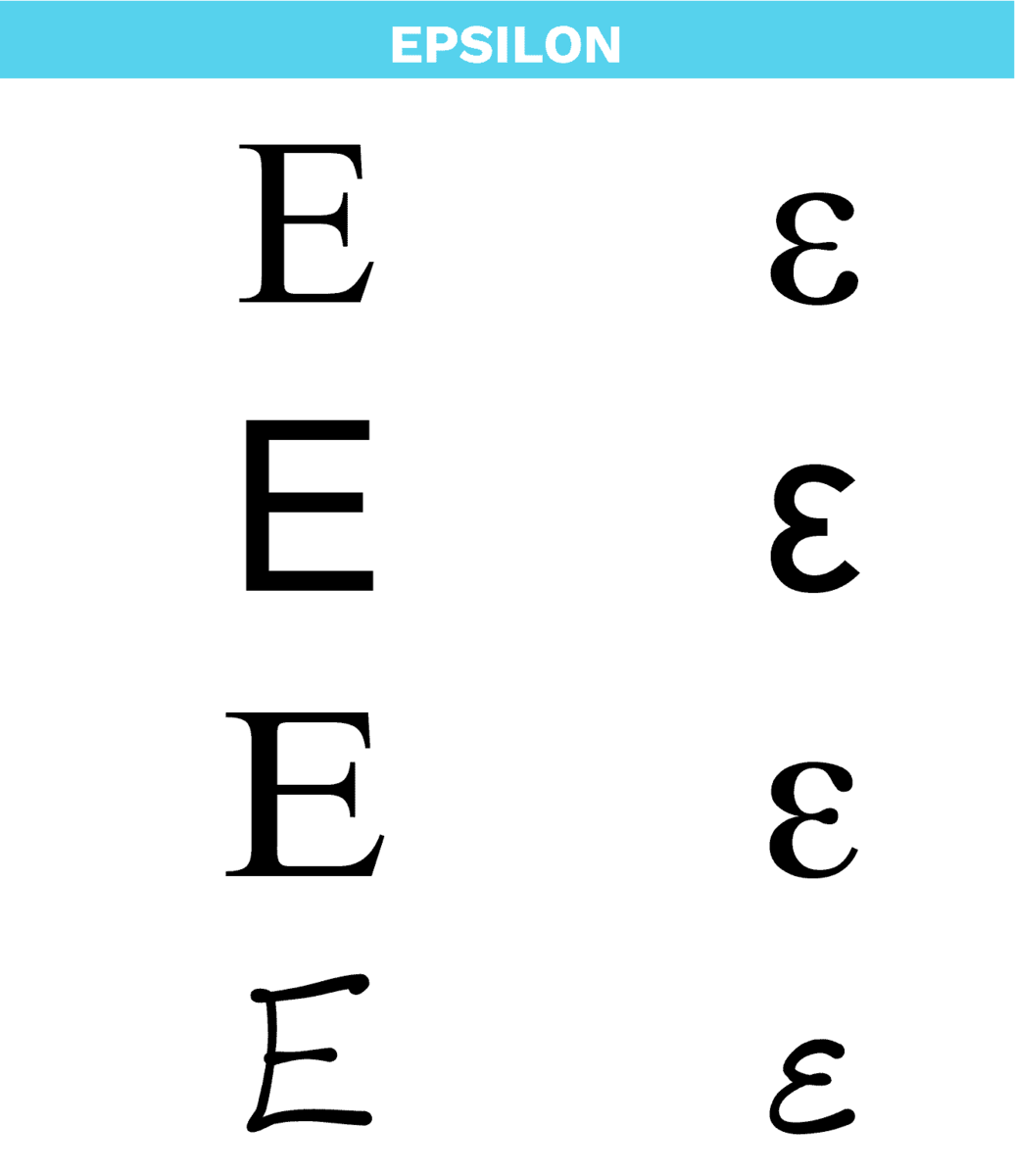 Bokstaven epsilon i det greske alfabetet i ulike skrifttyper