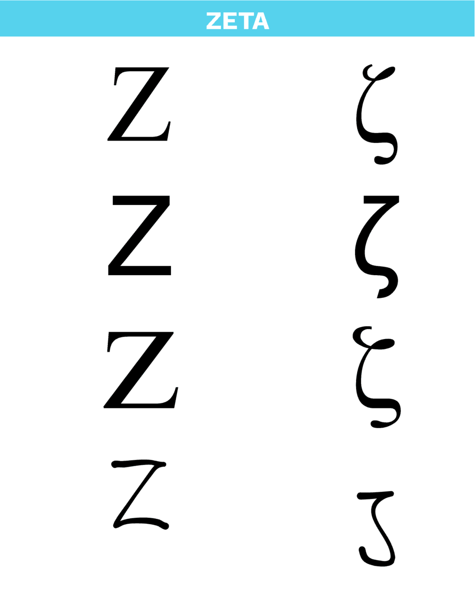 Bokstaven zeta i det greske alfabetet i ulike skrifttyper