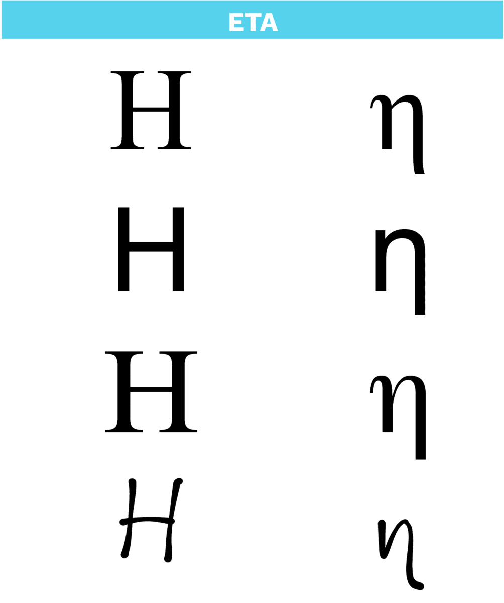 Bokstaven eta i det greske alfabetet i ulike skrifttypar