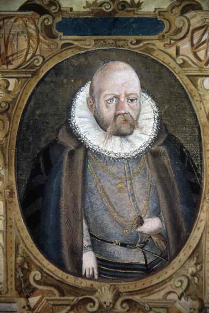 Maleri av Tycho Brahe. Han har en metallplate for nesen, som hadde blitt skutt bort i en duell.