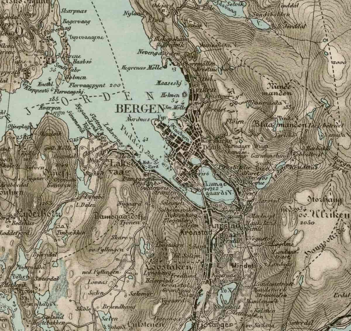 Utsnitt av rektangelkart for Bergen, 1912