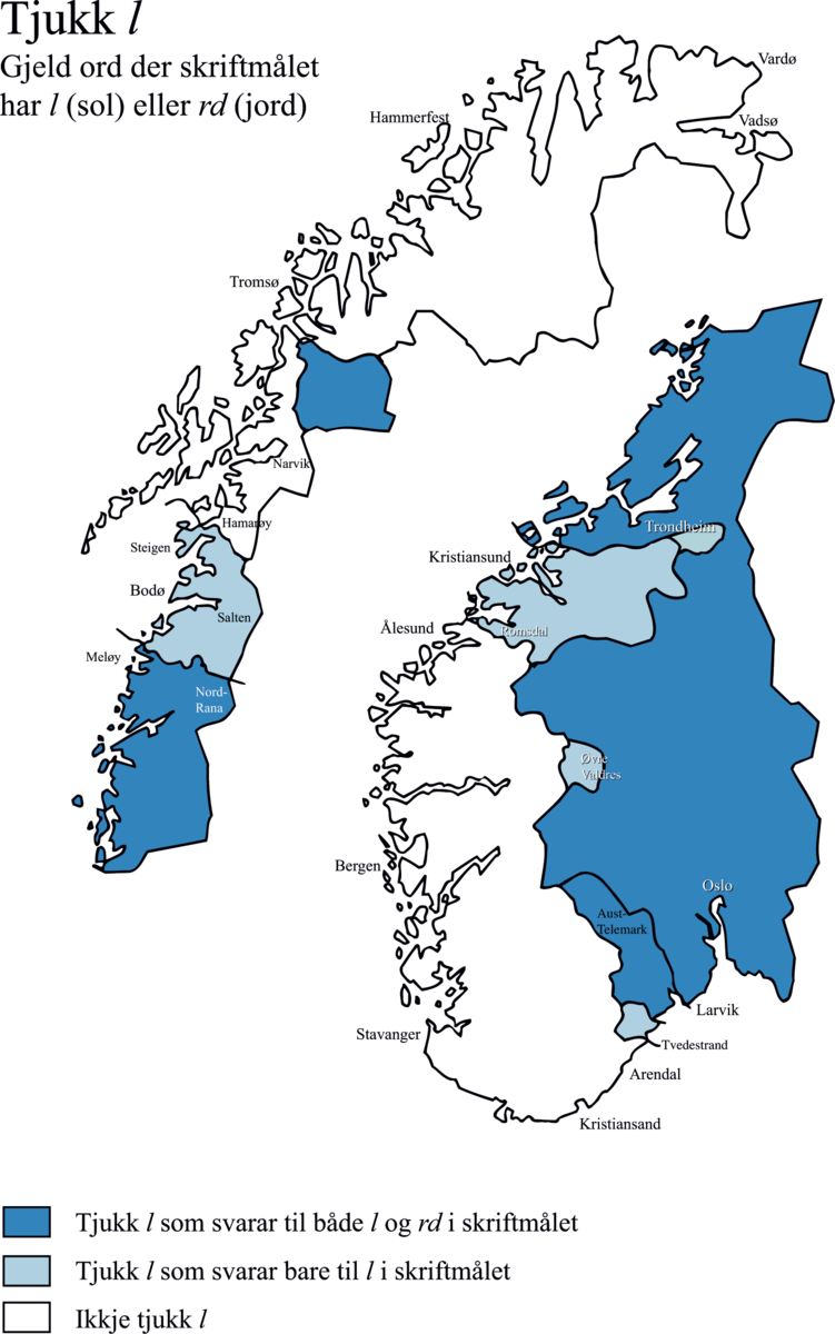 Særdraget tjukk l deler dialektene i Telemark i to. Aust-Telemark har denne lyden, men Vest-Telemark har ikke.