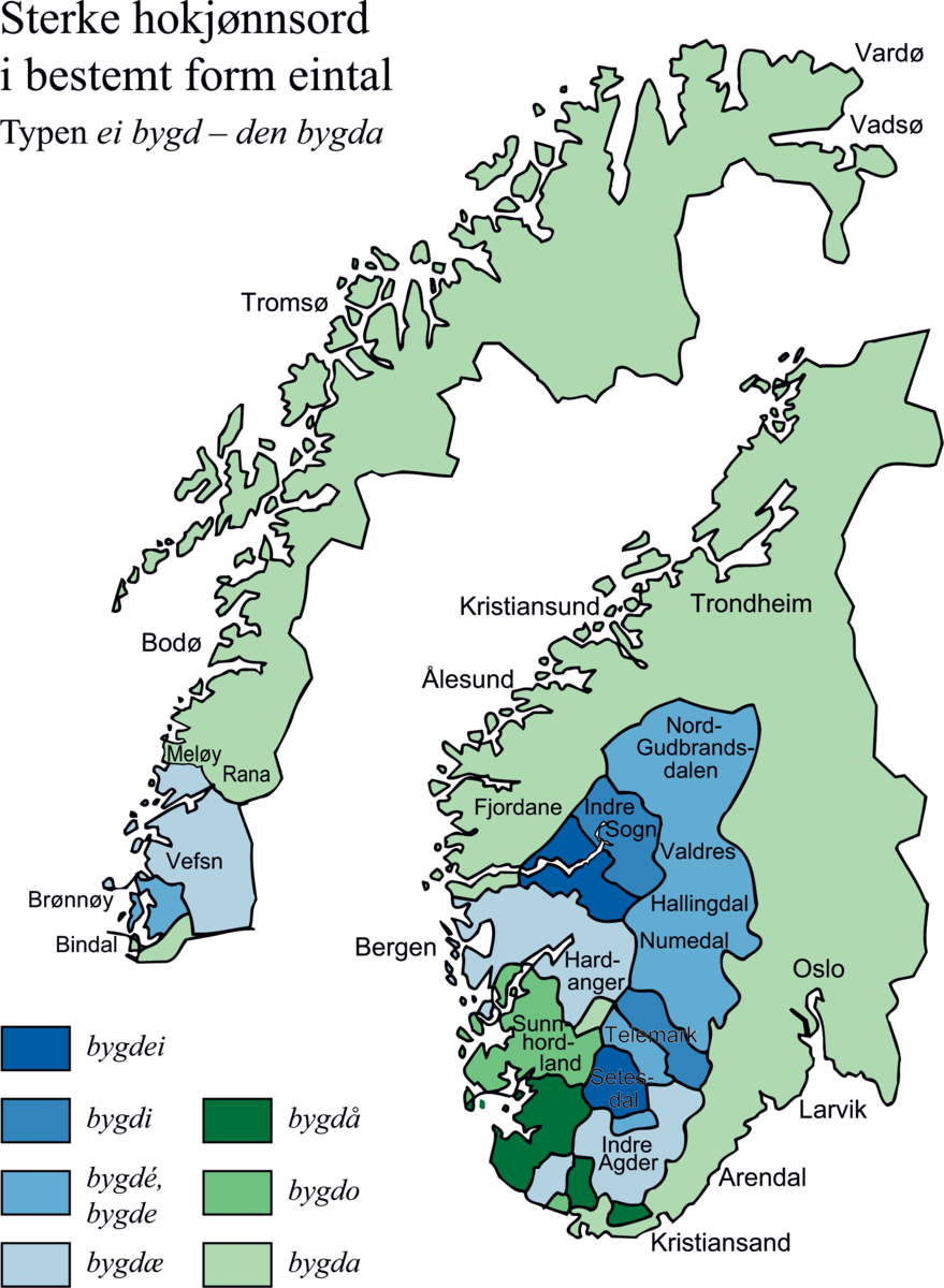 Sterke hunkjønnsord har i bestemt form entall flere forskjellige endinger i Telemark: soli, solæ, sole og sola.