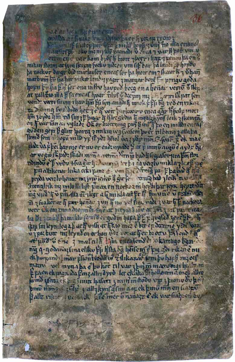 Første sida av sagaen om britane i Hauksbók