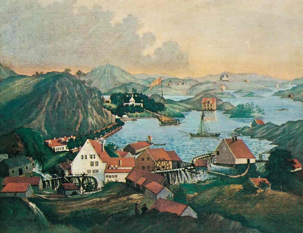 J. C. Dahls maleri av Alvøens Papirfabrik og gårdsanlegg, trolig ca. 1810.
