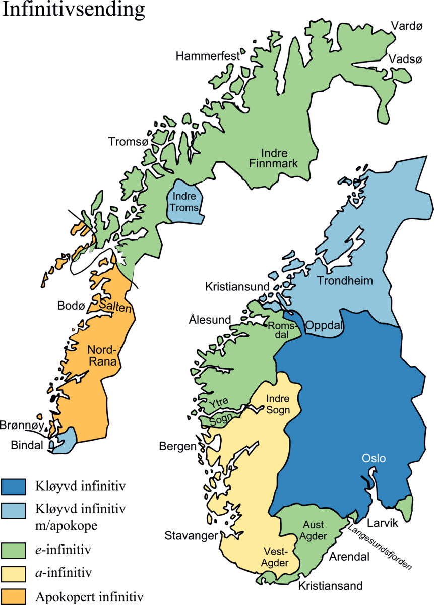Kartet viser utbreiinaga av nordleg og sørleg e-mål, og det sørvestlandske a-målet.