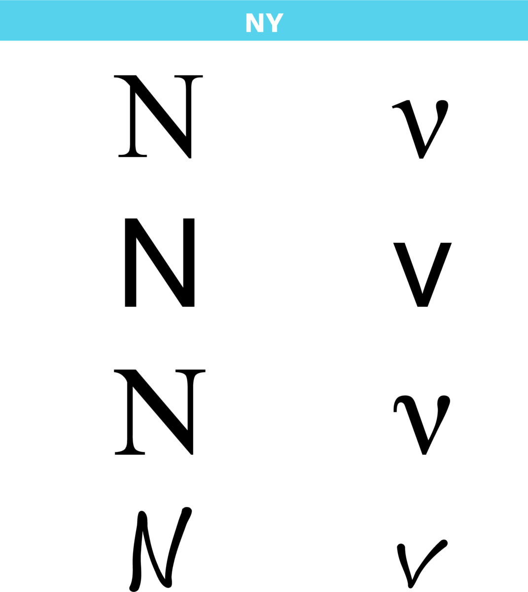 Bokstaven ny i det greske alfabetet i ulike skrifttyper