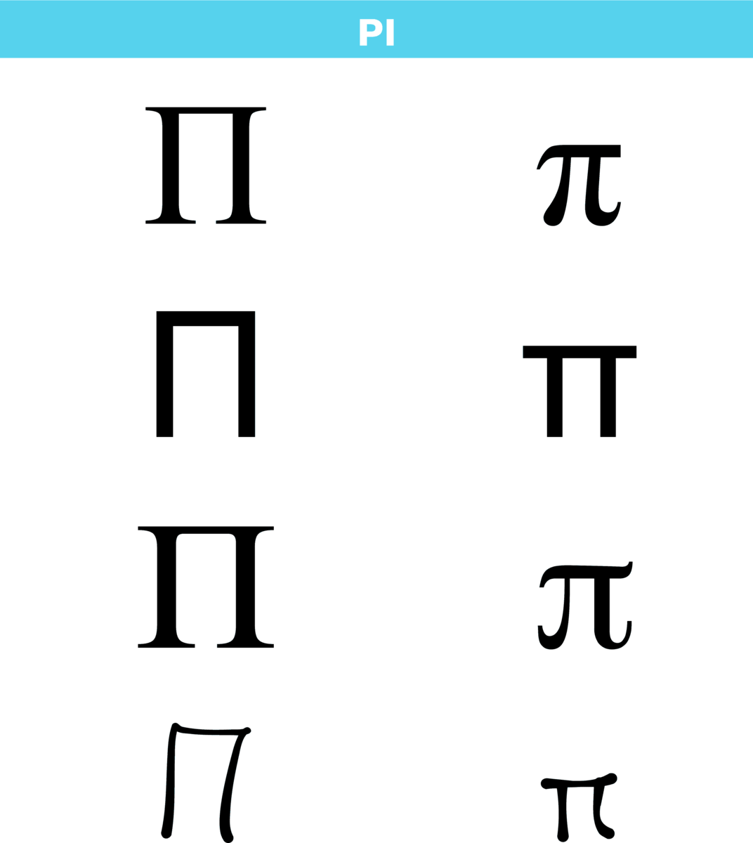Bokstaven pi i det greske alfabetet i ulike skrifttypar