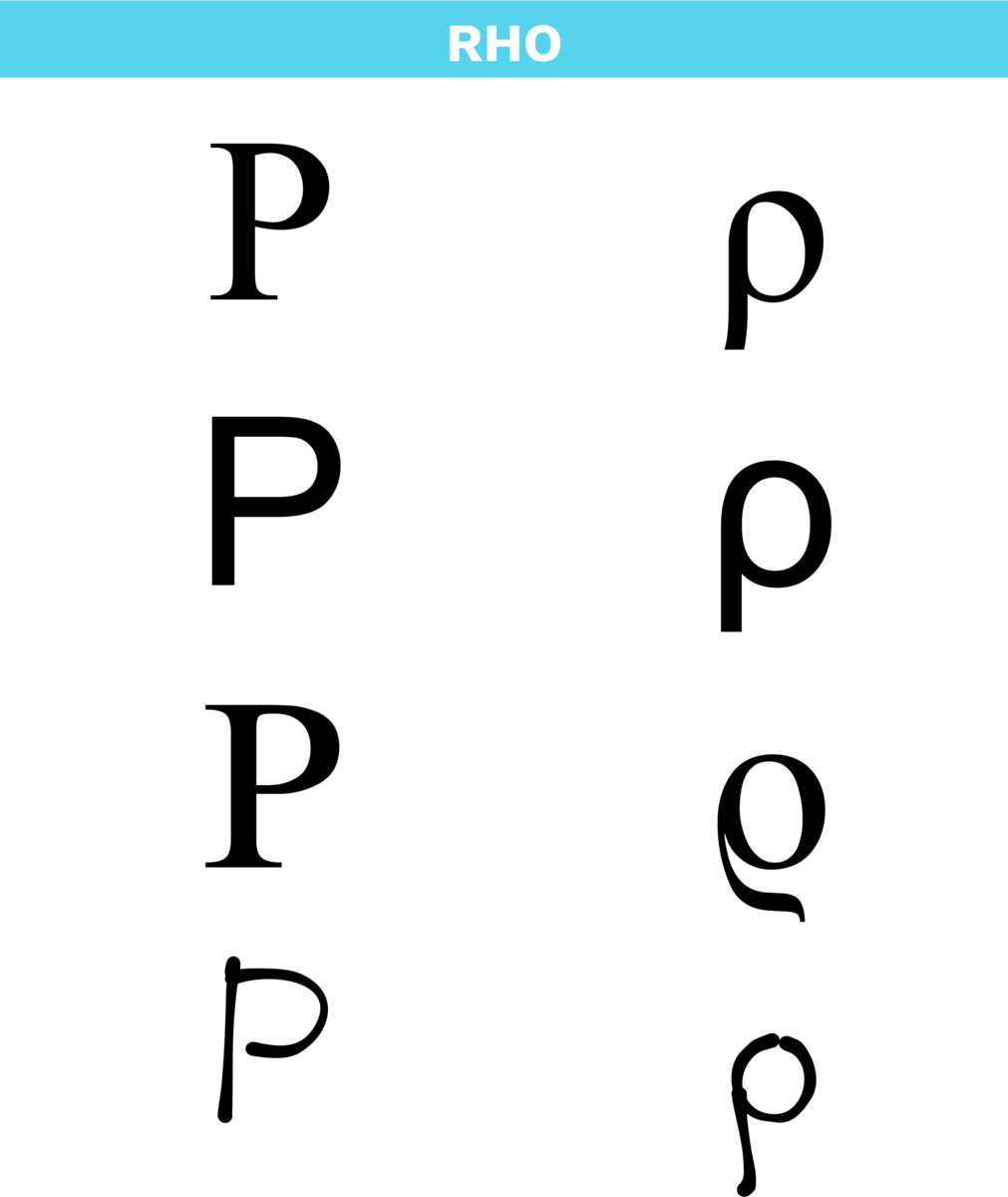 Bokstaven rho i det greske alfabetet i ulike skrifttyper