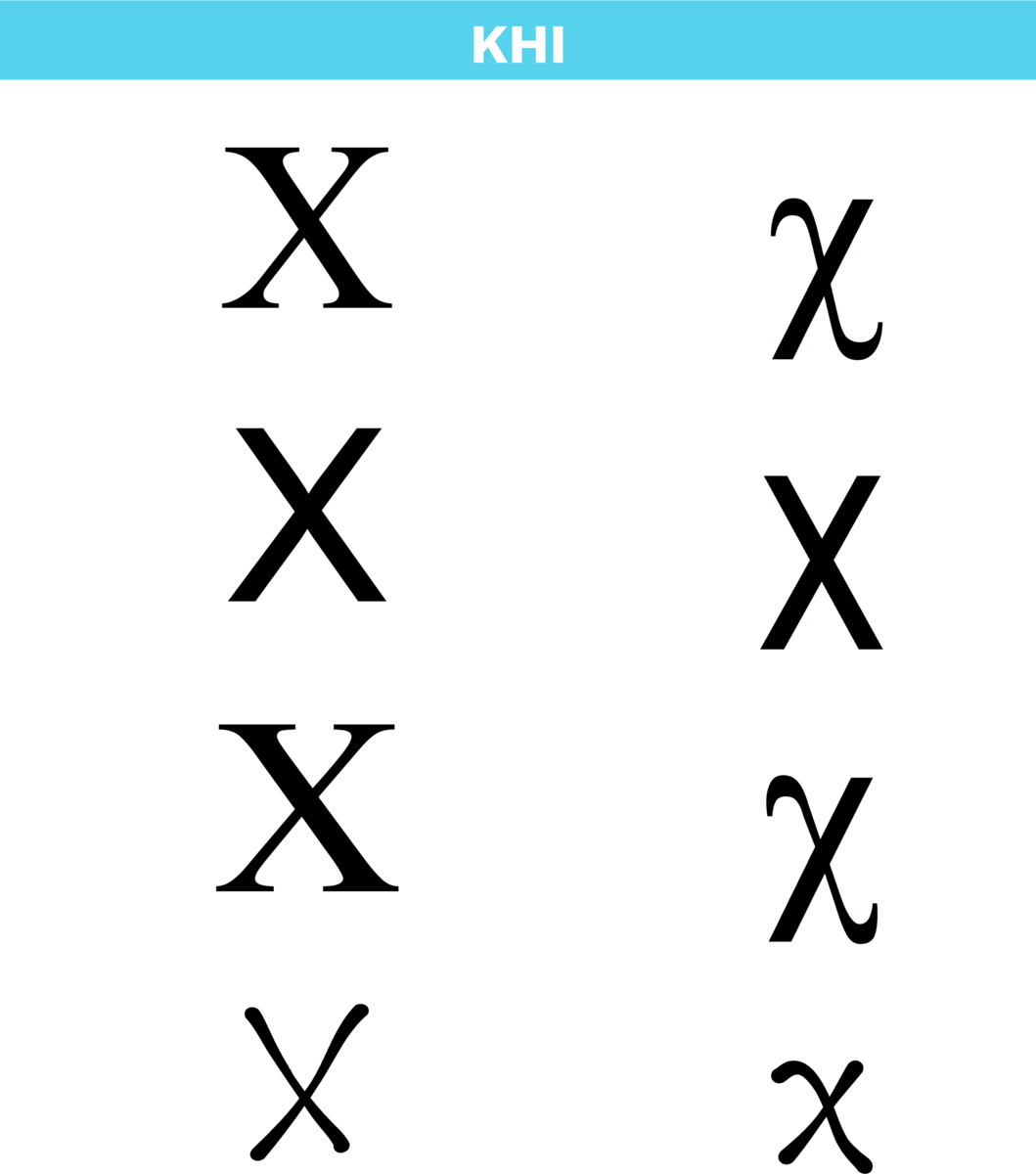 Bokstaven khi i det greske alfabetet i ulike skrifttyper