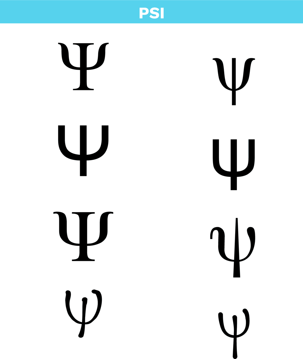 Bokstaven psi i det greske alfabetet i ulike skrifttypar
