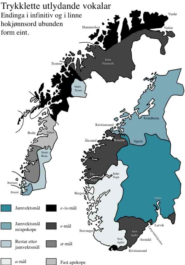 Kartet viser dialektinndelinga i Noreg. Det sørvestlandske a-målet strekker seg frå vestre Agder til Indre Sogn.