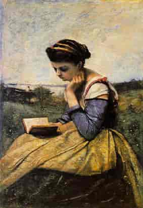 Lesende kvinne i et landskap