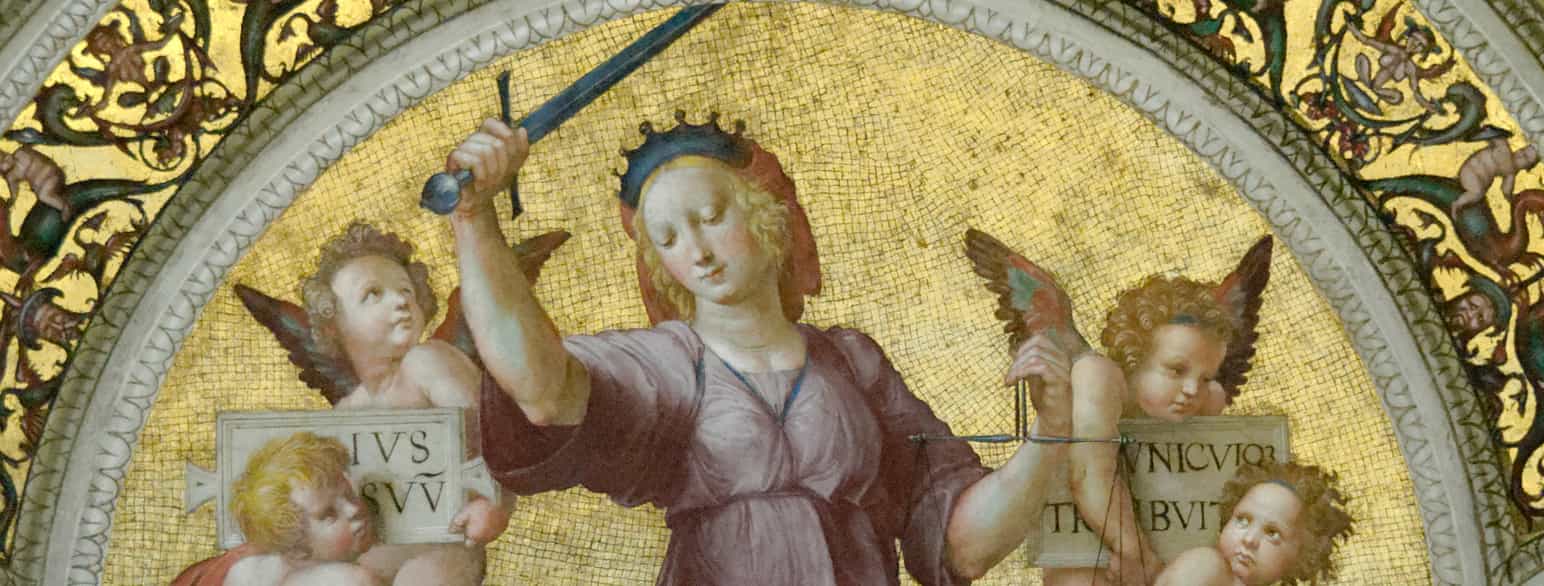 Rettferdighet personifisert som gudinnen Justitia, fra Stanza Segnatura, Vatikanet