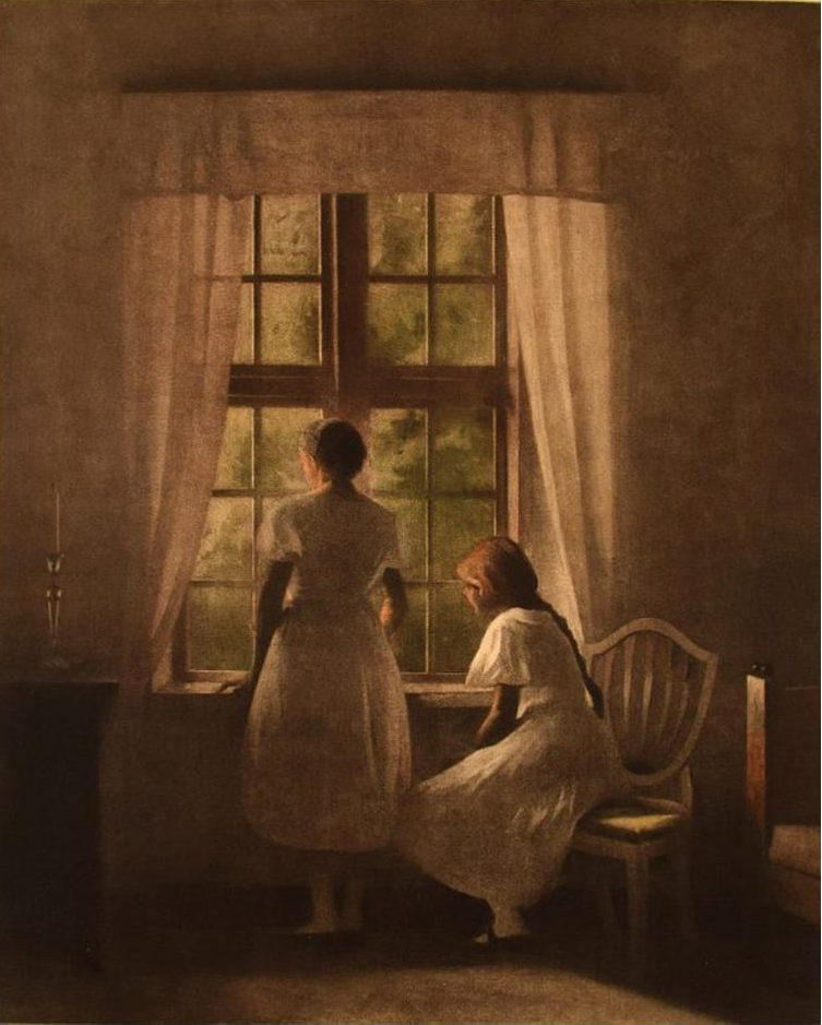 Interiør med to jenter ved vinduet