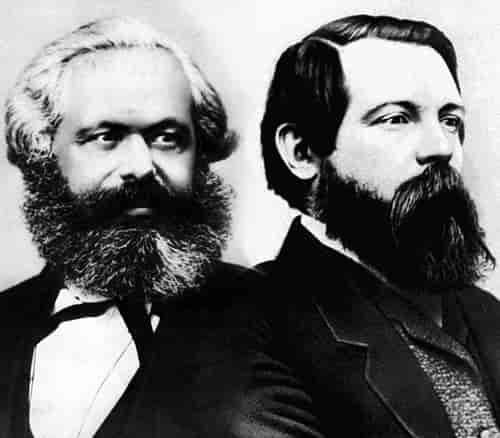 Sammenstilling av to fotografier fra 1860-årene av Karl Marx (til venstre) og Friedrich Engels.