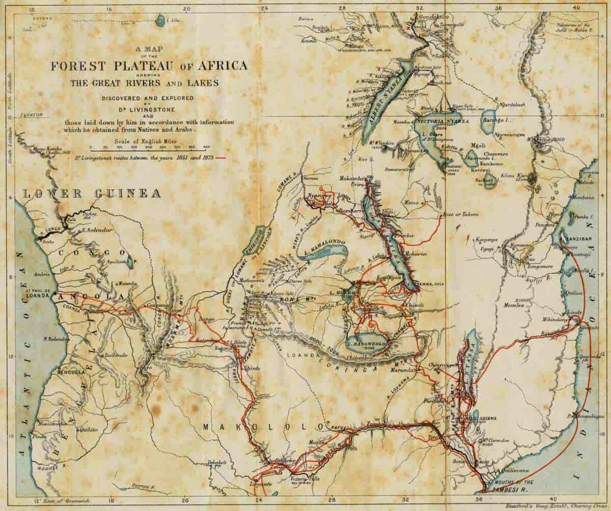 Kart over Dr. David Livingstones reiser i Afrika, datert 1873.