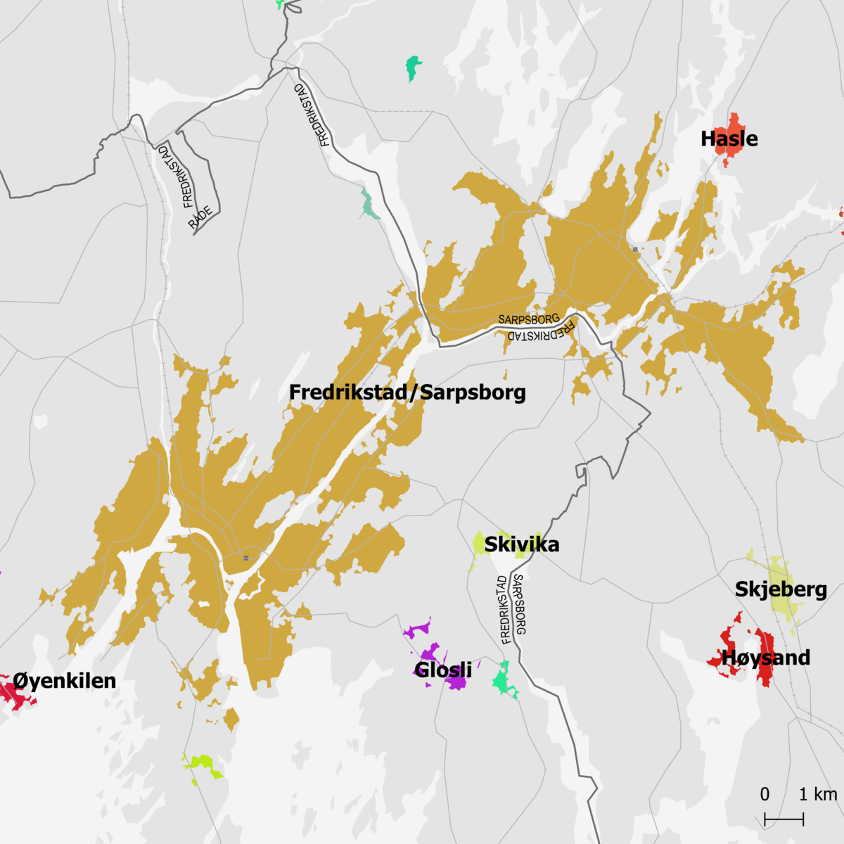 Tettstedet Fredrikstad/Sarpsborg markert med  okerfarge