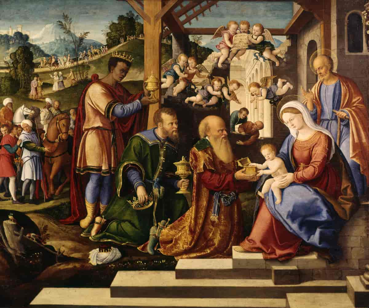 De tre kongers tilbedelse. Maleri av Girolamo da Santacroce fra ca. 1525-1530 i Walters Art Museum
