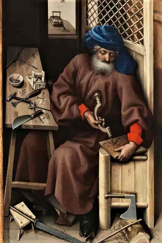 Maleri som viser snekkeren Josef i arbeid med en klassisk borvinde.