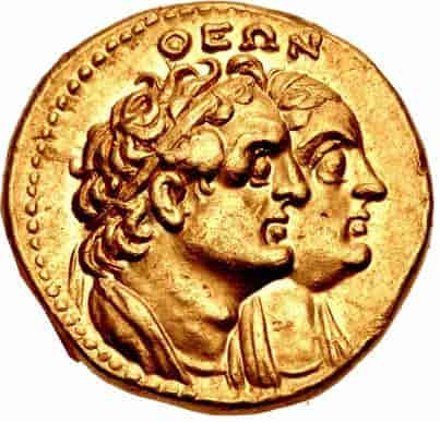 Gullmynt med herskerportrett av Ptolemaios 1. og Berenike 1. av Egypt